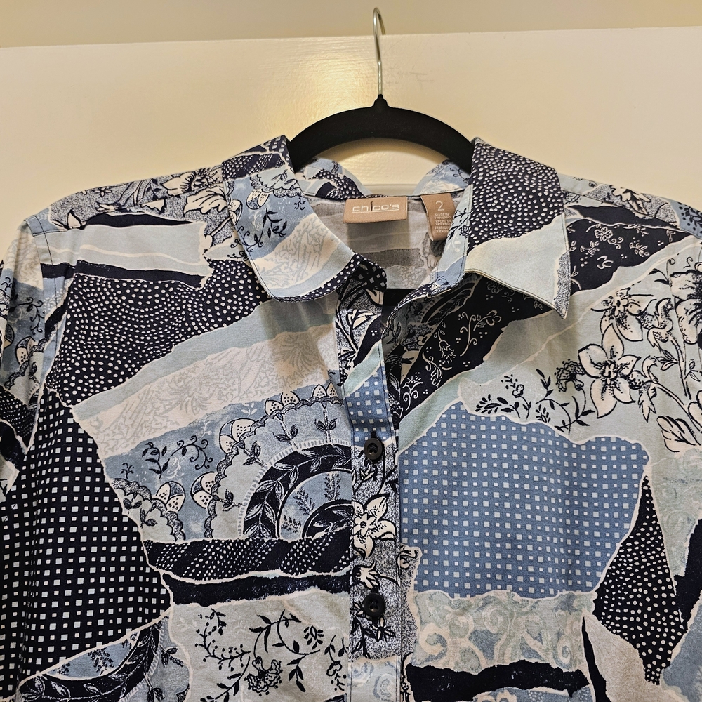 Chico's Navy and Light Blue Patchwork Button Down… - image 4